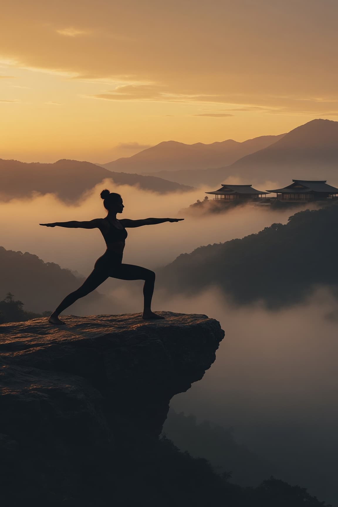 Một người phụ nữ thực hành yoga trên núi trong ánh bình minh