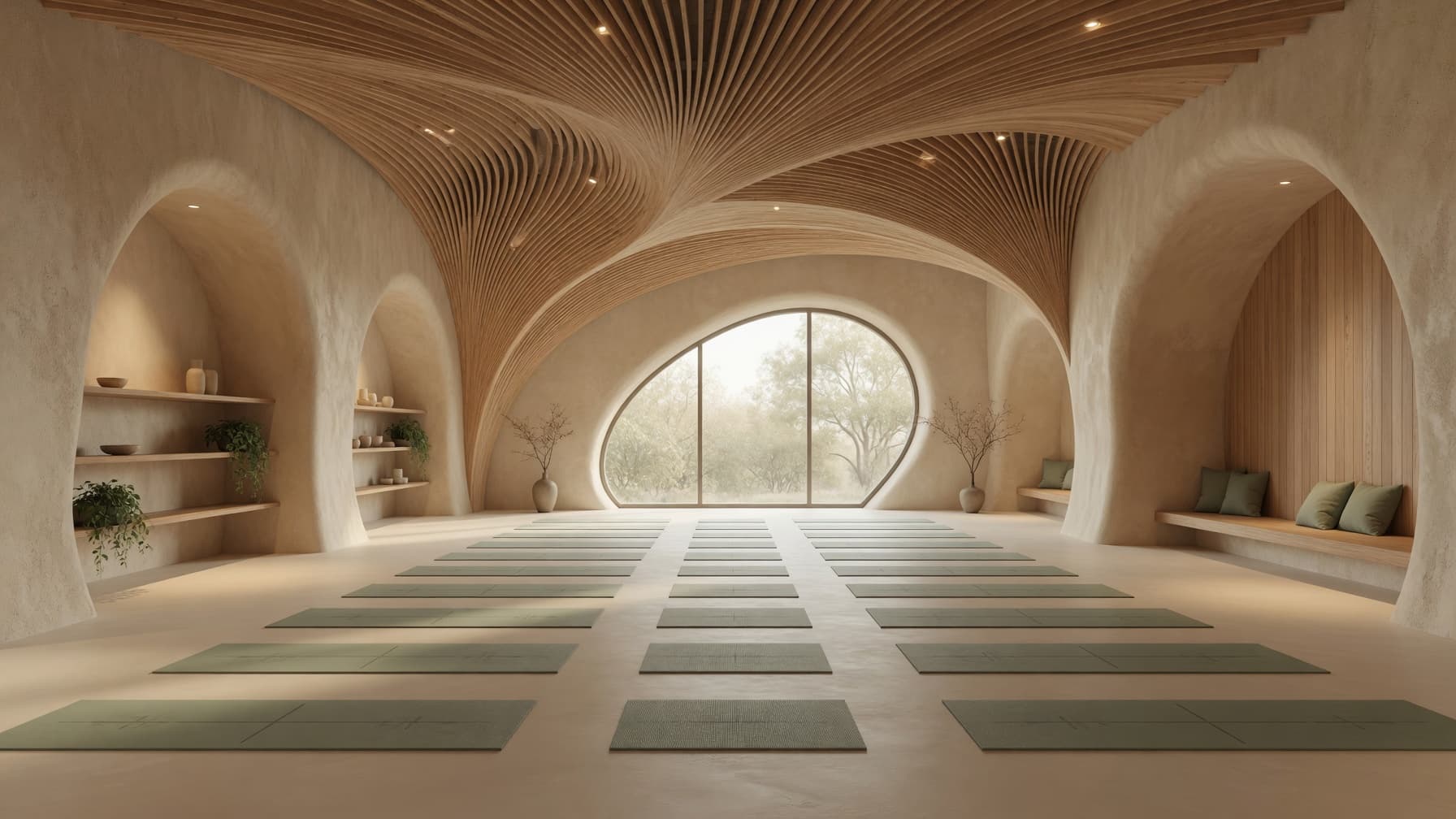 Không gian yoga với gỗ uốn cong và ánh sáng tự nhiên