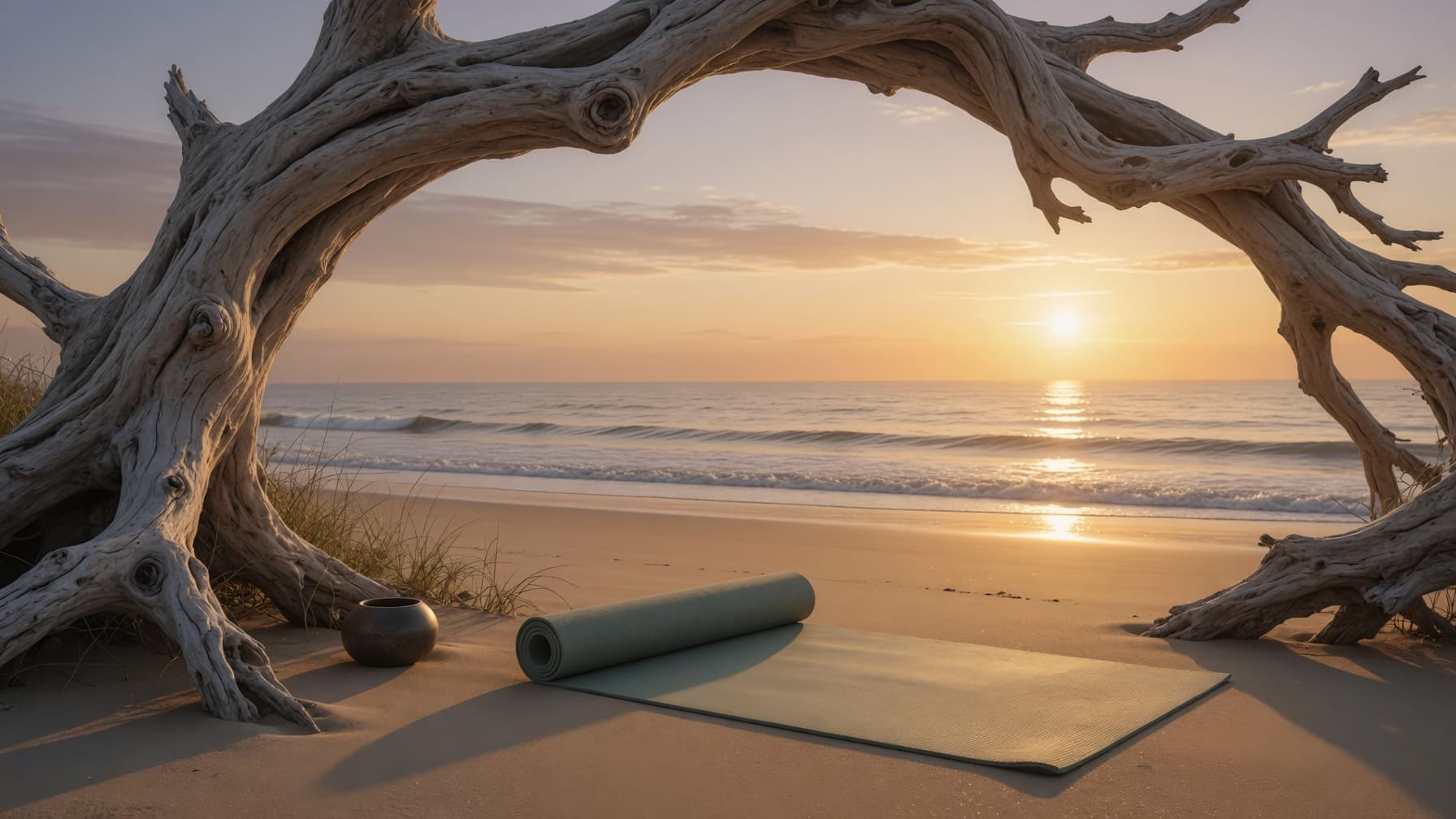 Một tấm thảm yoga dưới thân cây cổ thụ bên biển lúc bình minh